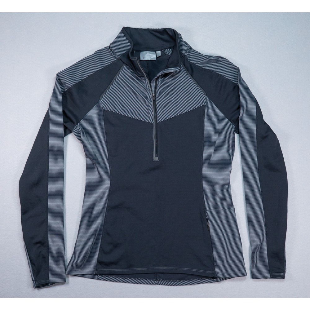 Athleta Women Medium Quarter Zip Pullover Black Gray Stripe Athletic Running Top